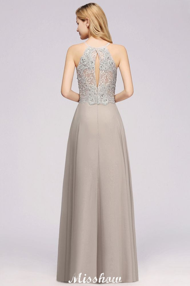 Looking for Bridesmaid Dresses in 100D Chiffon,Lace, A-line style, and Gorgeous Lace,Rhinestone work  MISSHOW has all covered on this elegant Stylish Floral Appliques Sleeveless Evening Party Gown Aline Silver Chiffon Long Bridesmaid Dress.