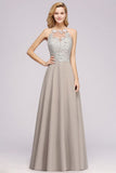 Looking for Bridesmaid Dresses in 100D Chiffon,Lace, A-line style, and Gorgeous Lace,Rhinestone work  MISSHOW has all covered on this elegant Stylish Floral Appliques Sleeveless Evening Party Gown Aline Silver Chiffon Long Bridesmaid Dress.