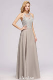 Looking for Bridesmaid Dresses in 100D Chiffon,Lace, A-line style, and Gorgeous Lace,Rhinestone work  MISSHOW has all covered on this elegant Stylish Floral Appliques Sleeveless Evening Party Gown Aline Silver Chiffon Long Bridesmaid Dress.