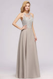 Looking for Bridesmaid Dresses in 100D Chiffon,Lace, A-line style, and Gorgeous Lace,Rhinestone work  MISSHOW has all covered on this elegant Stylish Floral Appliques Sleeveless Evening Party Gown Aline Silver Chiffon Long Bridesmaid Dress.