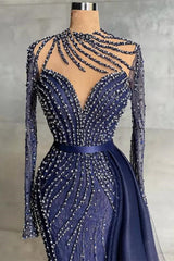 Stylish High Neck Navy Mermaid Evening Dress with Detachable Tulle Train Crystals Beads Long Prom Evening Dresses-misshow.com