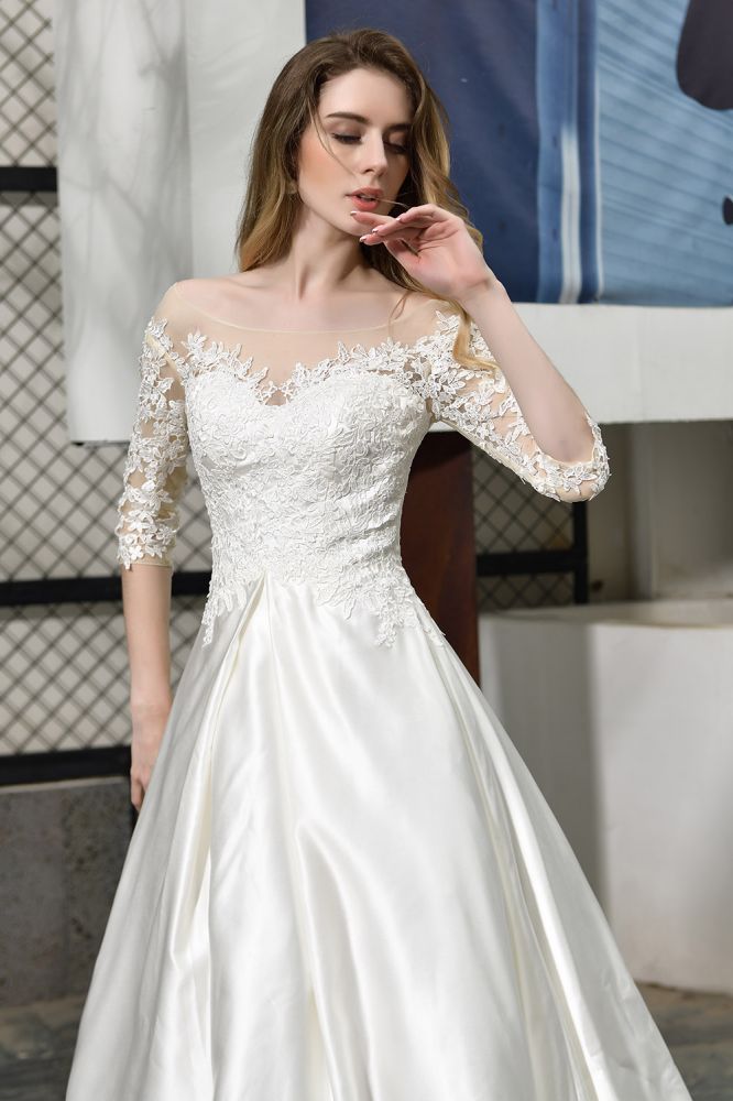 Looking for  in Satin,Tulle, A-line,Ball Gown,Princess style, and Gorgeous Lace work  MISSHOW has all covered on this elegant Stylish Lace Appliques Half Sleeves Aline Wedding Dress Floor Length Satin Dress for Bride