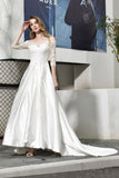 Stylish Lace Appliques Half Sleeves Aline Wedding Dress Floor Length Satin Dress for Bride