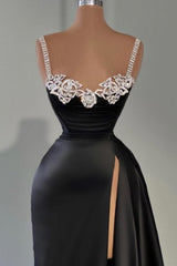Stylish Long Black A-line Sleeveless Satin Split Front Prom Evening Dresses with Jewels