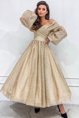 Stylish Long Champagne A-line Off-the-shoulder Long Sleeves Prom Evening Dresses with Glitter