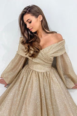 Stylish Long Champagne A-line Off-the-shoulder Long Sleeves Prom Evening Dresses with Glitter