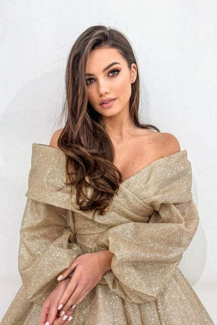 Stylish Long Champagne A-line Off-the-shoulder Long Sleeves Prom Evening Dresses with Glitter