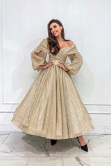 Stylish Long Champagne A-line Off-the-shoulder Long Sleeves Prom Evening Dresses with Glitter
