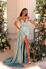 Stylish Long Mermaid Off-the-shoulder V-neck Lace Rhinestones Prom Evening Dresses with Slit