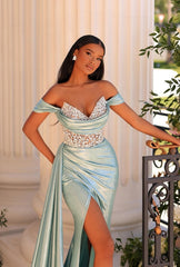Stylish Long Mermaid Off-the-shoulder V-neck Lace Rhinestones Prom Evening Dresses with Slit