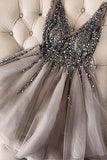 Stylish Sleeveless Sequins Beaded Short Homecoming Dress Silver Tulle Cocktail Dress