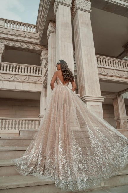 Stylish Sleeveless V-Neck Evening Party Dress Aline Backless Prom Evening Dresses with Lace Appliques-misshow.com