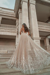 Stylish Sleeveless V-Neck Evening Party Dress Aline Backless Prom Evening Dresses with Lace Appliques-misshow.com
