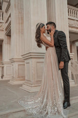 Stylish Sleeveless V-Neck Evening Party Dress Aline Backless Prom Evening Dresses with Lace Appliques-misshow.com