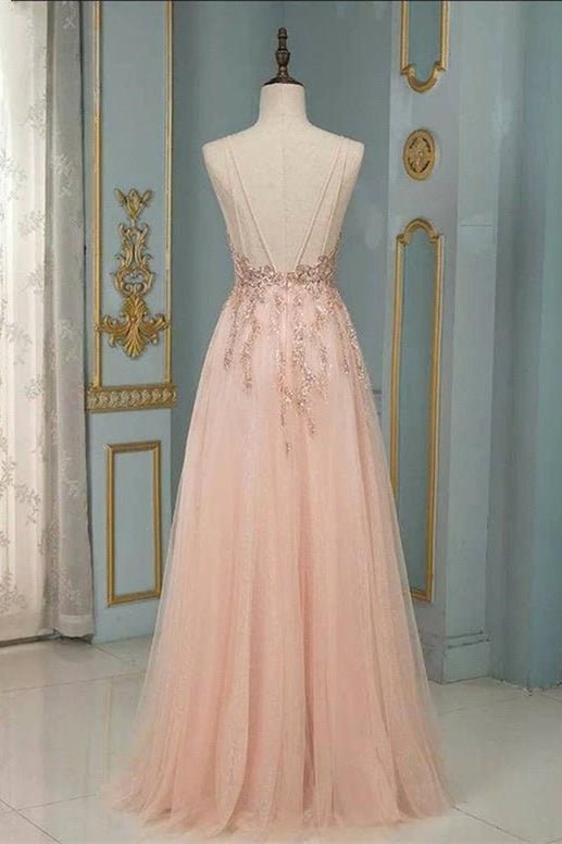 Stylish Spaghetti Straps V-Neck Floral Lace Evening Maxi Dress Tulle Sleeveless Prom Swing Dress-misshow.com