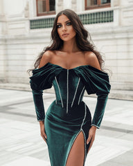 Stylish Split Front Off-the-shoulder Prom Evening Dresses With Train-misshow.com