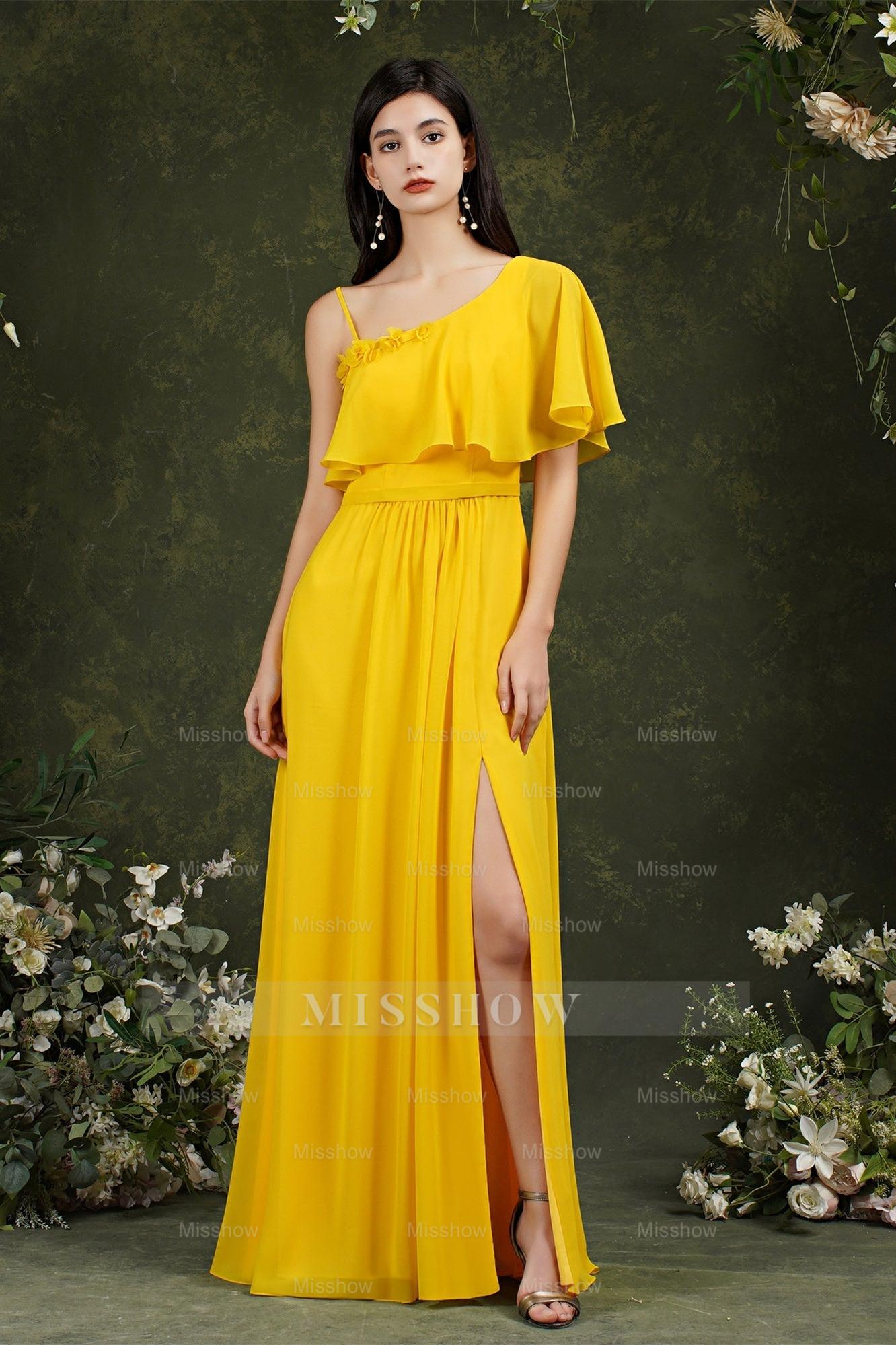aline yellow dress Stylish Split Front One-shoulder Tulle Aline Prom dress – misshow.com