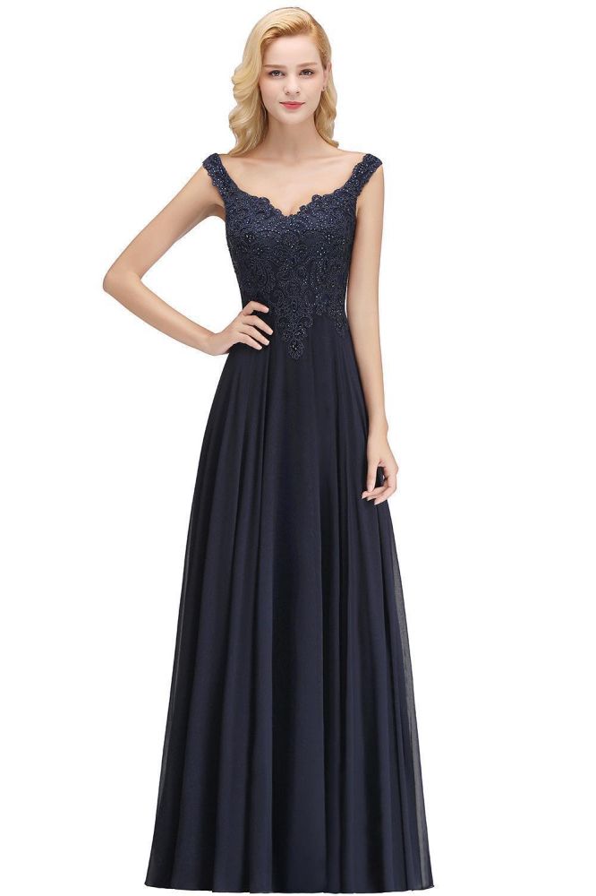 Looking for Prom Dresses,Evening Dresses,Homecoming Dresses,Quinceanera dresses in Silk Chiffon, A-line style, and Gorgeous Lace,Rhinestone work  MISSHOW has all covered on this elegant Stylish Straps Aline Beading Evening Maxi Dress Sleeveless V-Neck Wedding Guest Dress.