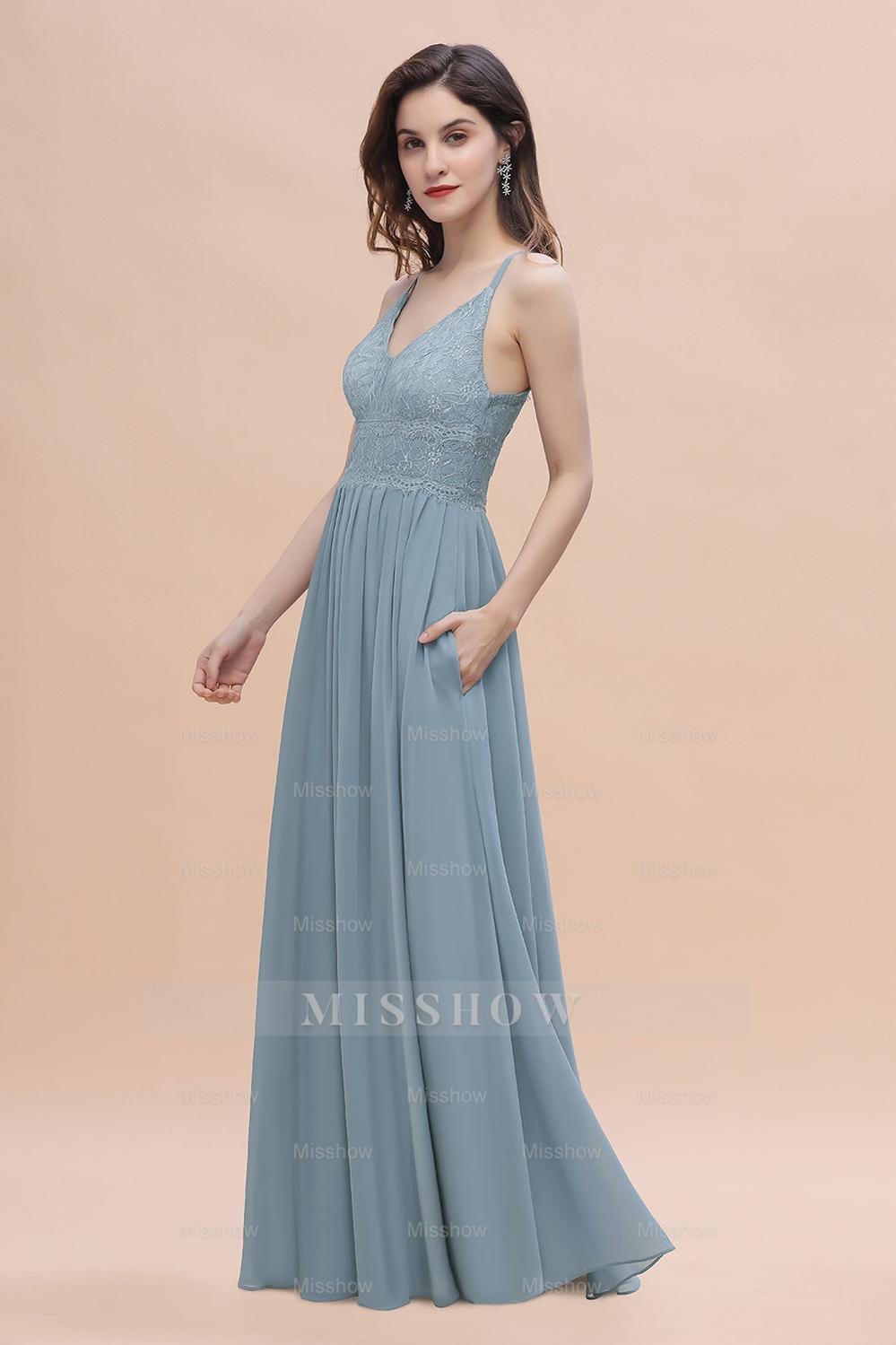 Stylish Straps V-Neck Chiffon Lace Dusty Blue Bridesmaid Dresses On Sale Stylish Straps V-Neck Chiffon Lace Dusty Blue Bridesmaid Dresses On Sale