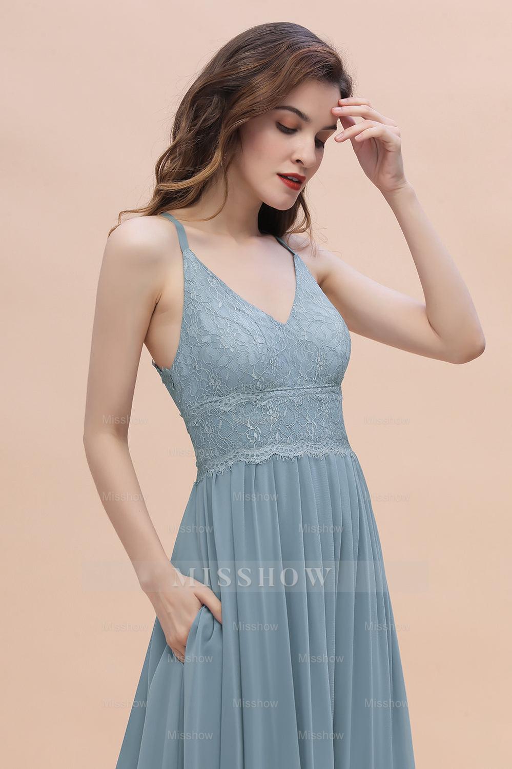 Stylish Straps V-Neck Chiffon Lace Dusty Blue Bridesmaid Dresses On Sa misshow.com Stylish Straps V-Neck Chiffon Lace Dusty Blue Bridesmaid Dresses On Sa misshow.com