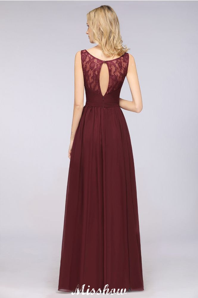 Looking for Bridesmaid Dresses in 100D Chiffon, A-line style, and Gorgeous  work  MISSHOW has all covered on this elegant Stylish V-Neck aline Evening Maxi Gown Chiffon Sleeveless Bridesmaid Dress Burgundy.