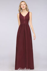Looking for Bridesmaid Dresses in 100D Chiffon, A-line style, and Gorgeous  work  MISSHOW has all covered on this elegant Stylish V-Neck aline Evening Maxi Gown Chiffon Sleeveless Bridesmaid Dress Burgundy.