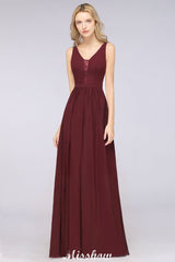 Looking for Bridesmaid Dresses in 100D Chiffon, A-line style, and Gorgeous  work  MISSHOW has all covered on this elegant Stylish V-Neck aline Evening Maxi Gown Chiffon Sleeveless Bridesmaid Dress Burgundy.