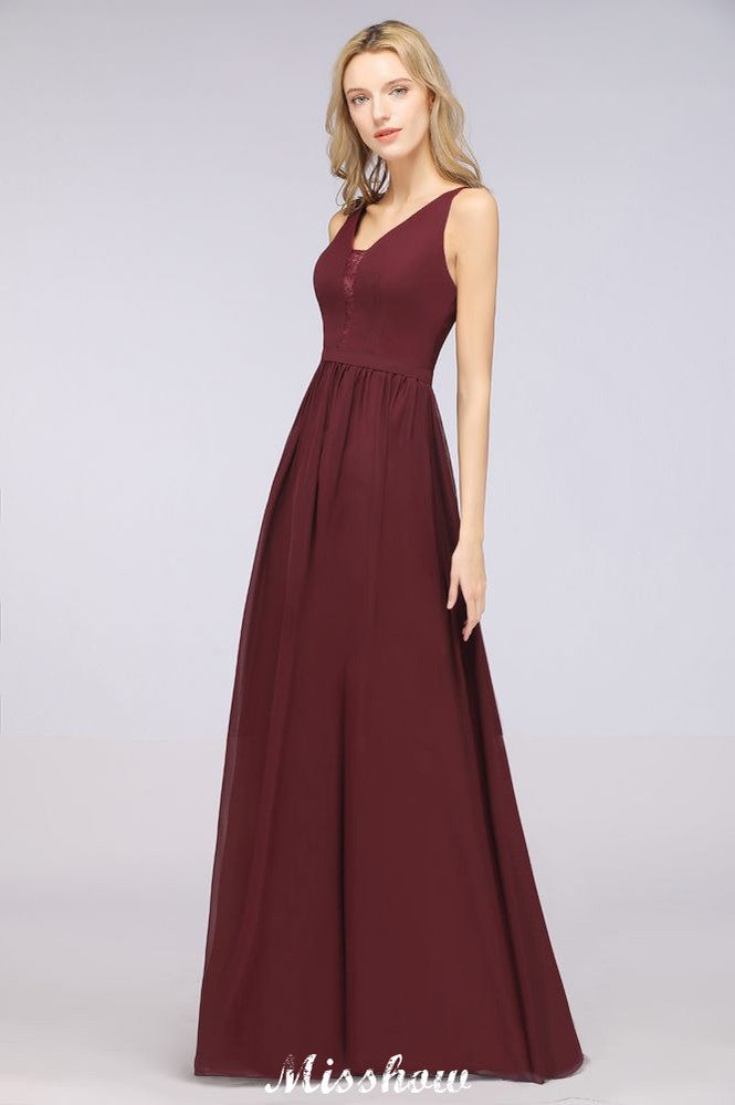 Looking for Bridesmaid Dresses in 100D Chiffon, A-line style, and Gorgeous  work  MISSHOW has all covered on this elegant Stylish V-Neck aline Evening Maxi Gown Chiffon Sleeveless Bridesmaid Dress Burgundy.
