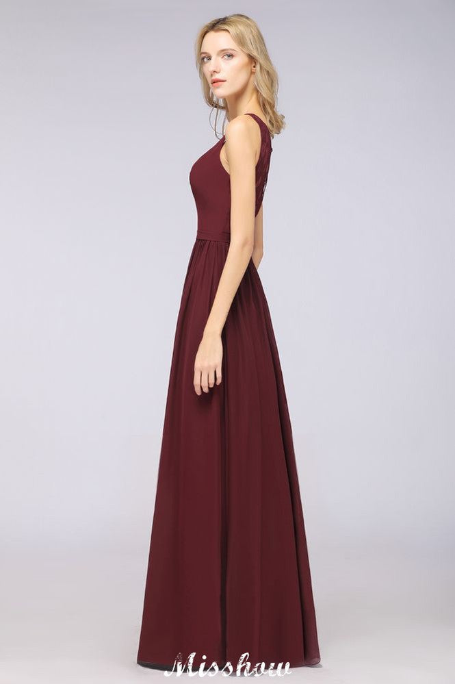 Looking for Bridesmaid Dresses in 100D Chiffon, A-line style, and Gorgeous  work  MISSHOW has all covered on this elegant Stylish V-Neck aline Evening Maxi Gown Chiffon Sleeveless Bridesmaid Dress Burgundy.