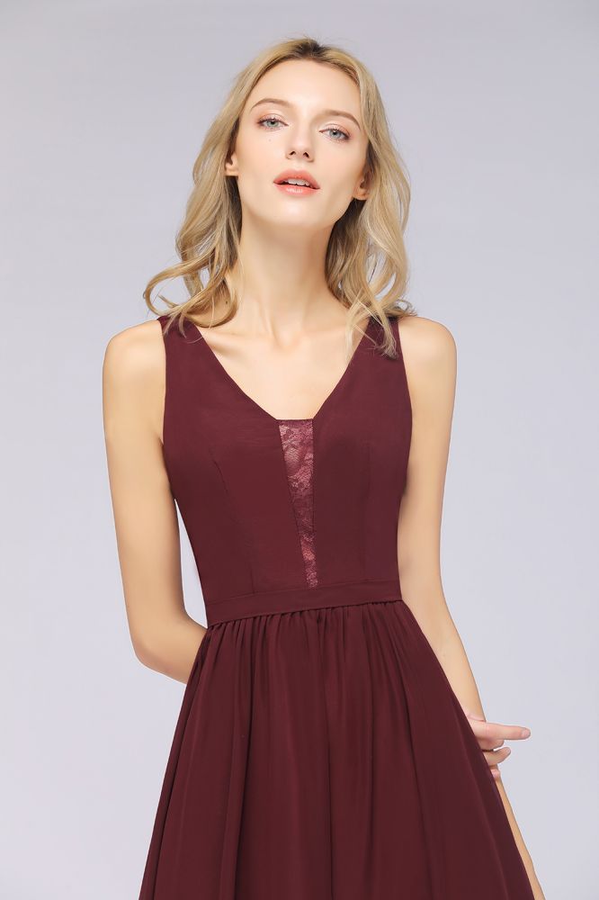Looking for Bridesmaid Dresses in 100D Chiffon, A-line style, and Gorgeous  work  MISSHOW has all covered on this elegant Stylish V-Neck aline Evening Maxi Gown Chiffon Sleeveless Bridesmaid Dress Burgundy.