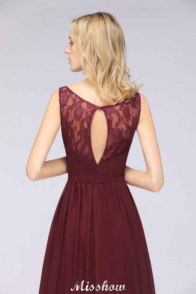 Looking for Bridesmaid Dresses in 100D Chiffon, A-line style, and Gorgeous  work  MISSHOW has all covered on this elegant Stylish V-Neck aline Evening Maxi Gown Chiffon Sleeveless Bridesmaid Dress Burgundy.