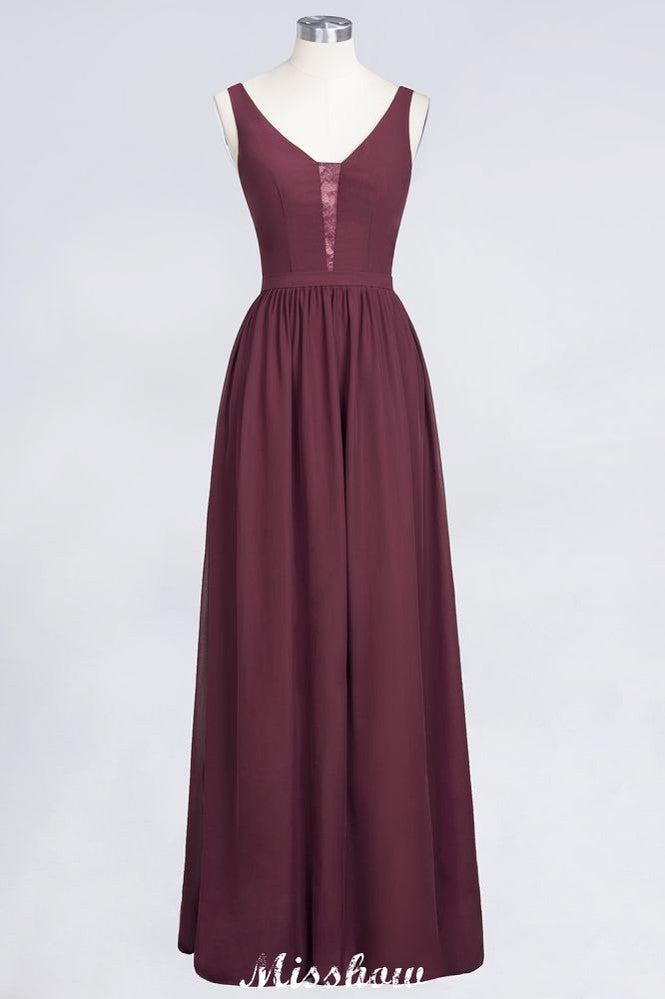 Looking for Bridesmaid Dresses in 100D Chiffon, A-line style, and Gorgeous  work  MISSHOW has all covered on this elegant Stylish V-Neck aline Evening Maxi Gown Chiffon Sleeveless Bridesmaid Dress Burgundy.