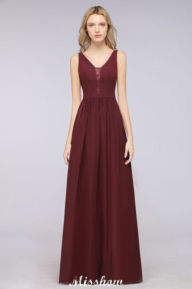 Looking for Bridesmaid Dresses in 100D Chiffon, A-line style, and Gorgeous  work  MISSHOW has all covered on this elegant Stylish V-Neck aline Evening Maxi Gown Chiffon Sleeveless Bridesmaid Dress Burgundy.