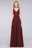 Stylish V-Neck aline Evening Maxi Gown Chiffon Sleeveless Bridesmaid Dress Burgundy