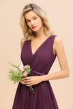 Stylish V-Neck Hi-Lo Party Dress A-line Beads Chiffon Bridesmaid Dress-misshow.com