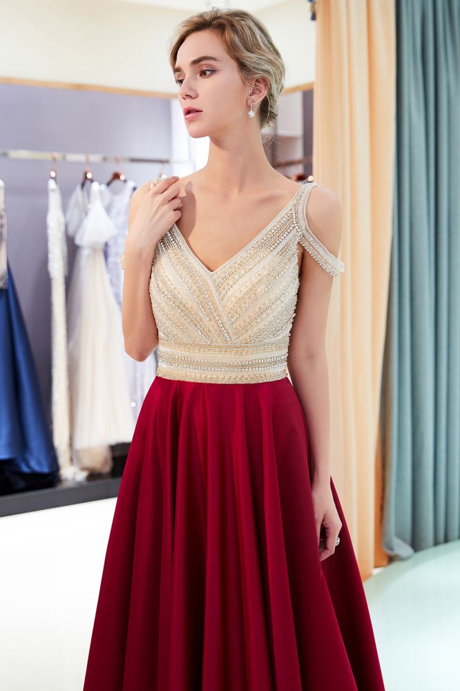 Looking for Prom Dresses,Evening Dresses in Stretch Satin, A-line style, and Gorgeous Beading,Crystal work  MISSHOW has all covered on this elegant Stylish V-neck Sleeveless Burgundy Crystal Beading A-line Evening Dress