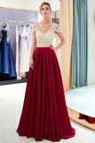 Stylish V-neck Sleeveless Burgundy Crystal Beading A-line Evening Dress