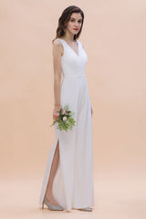 Stylish V-neck Sleeveless White Lace Bridesmaid Jumpsuit