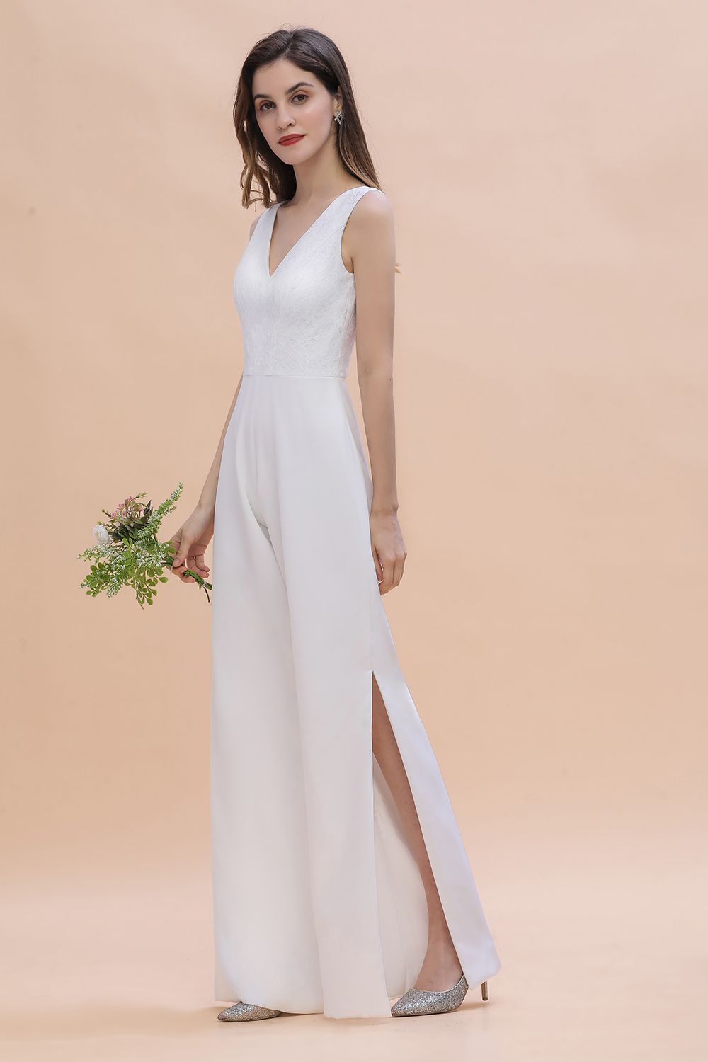 Stylish V-neck Sleeveless White Lace Bridesmaid Jumpsuit
