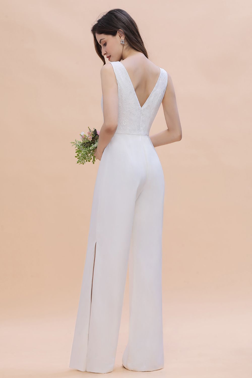 Stylish V-neck Sleeveless White Lace Bridesmaid Jumpsuit