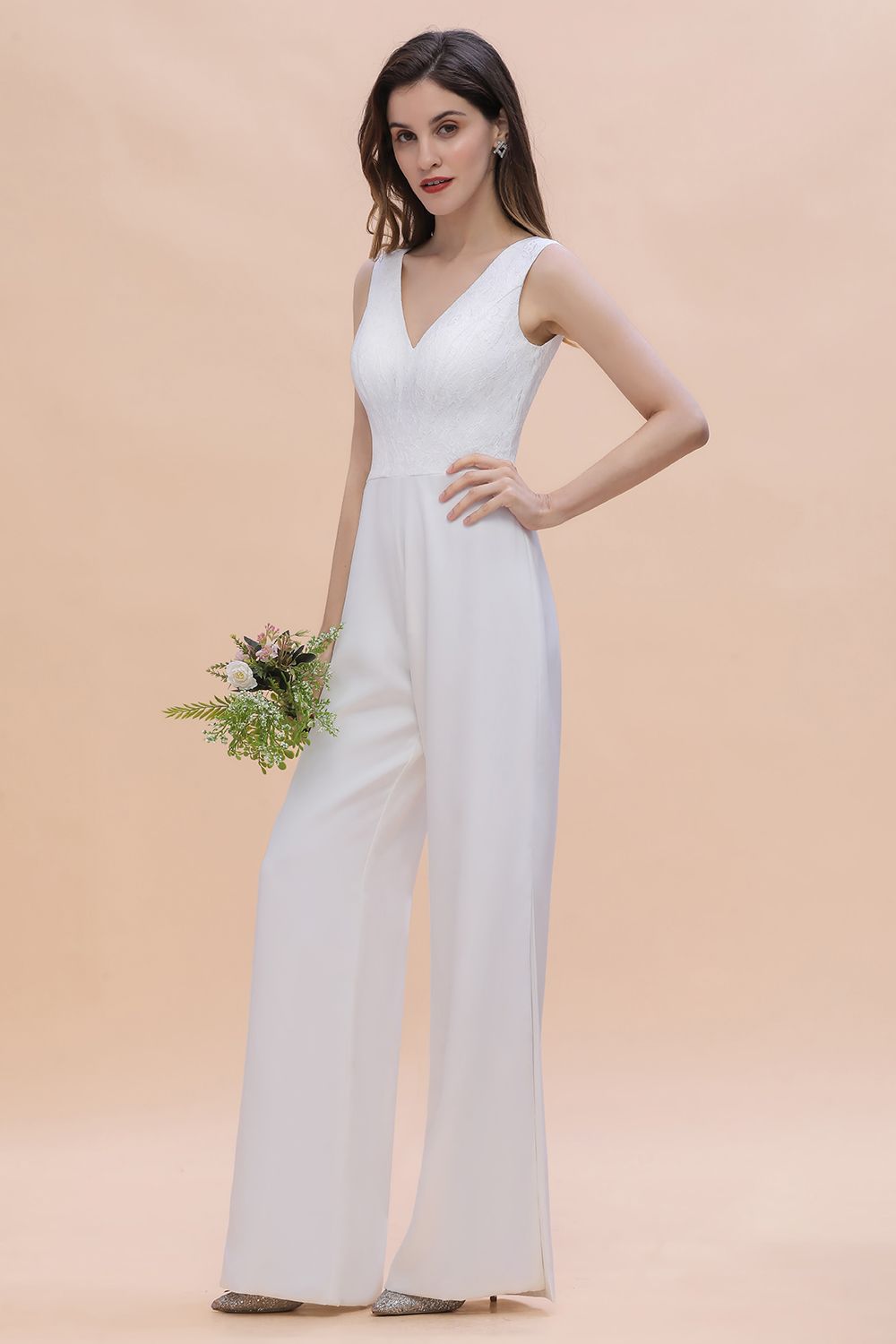 Stylish V-neck Sleeveless White Lace Bridesmaid Jumpsuit