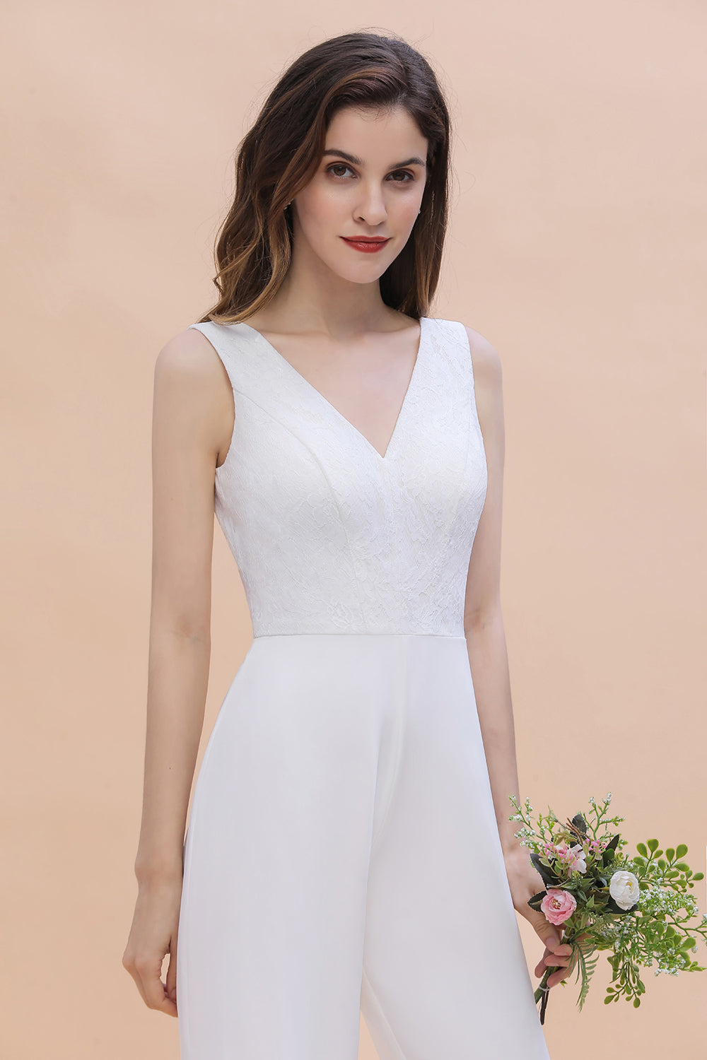 Stylish V-neck Sleeveless White Lace Bridesmaid Jumpsuit