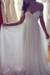 Sweep Train Chiffon Sleeveless Applique Lace Off-the-Shoulder Wedding Dress-misshow.com