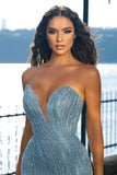 Sweetheart Blue Sleeveless Beading Mermaid Prom Dress With Slit-misshow.com