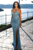 Sweetheart Blue Sleeveless Beading Mermaid Prom Dress With Slit-misshow.com