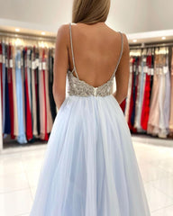Sweetheart Floor Length A-line Backless Tulle Prom Evening Dresses-misshow.com