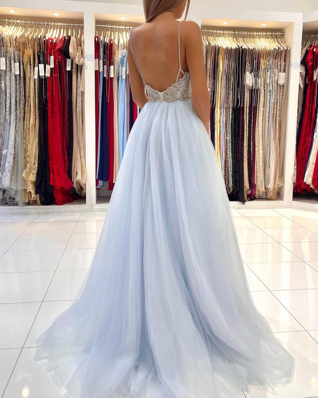 Sweetheart Floor Length A-line Backless Tulle Prom Evening Dresses-misshow.com