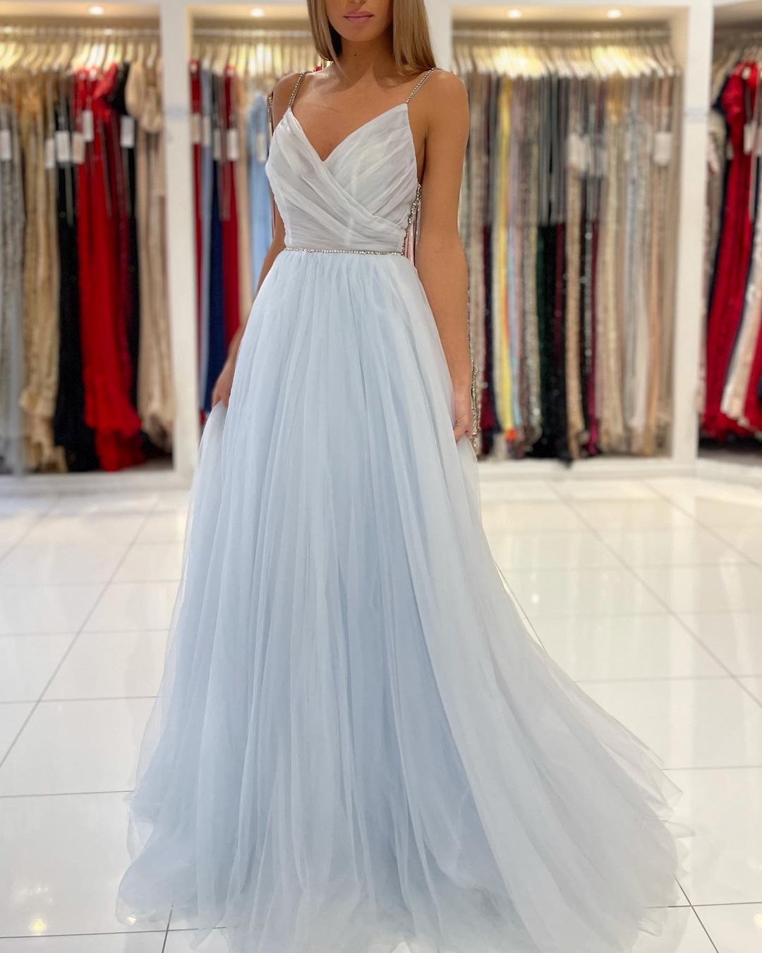 Sweetheart Floor Length A-line Backless Tulle Prom Evening Dresses-misshow.com