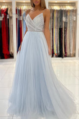 Sweetheart Floor Length A-line Backless Tulle Prom Evening Dresses-misshow.com