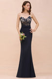 Sweetheart Floral Mermaid Bridesmaid Dress Sleeveless Navy Formal Party Dress-misshow.com